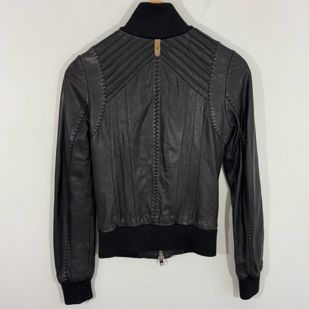 Mackage Dark Leather Jacket with Ribbed Details - Picture 10 of 16